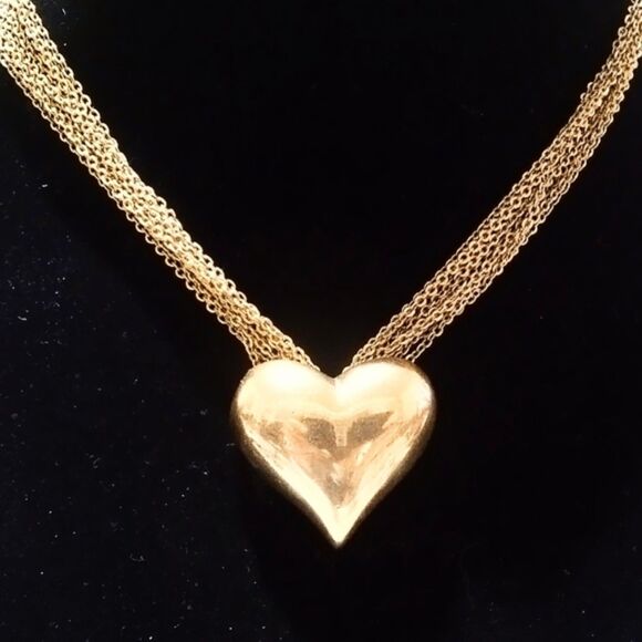 Vintage Gold Tone Multi Chain Puffy Heart Sliding Pendant Necklace - Picture 2 of 6